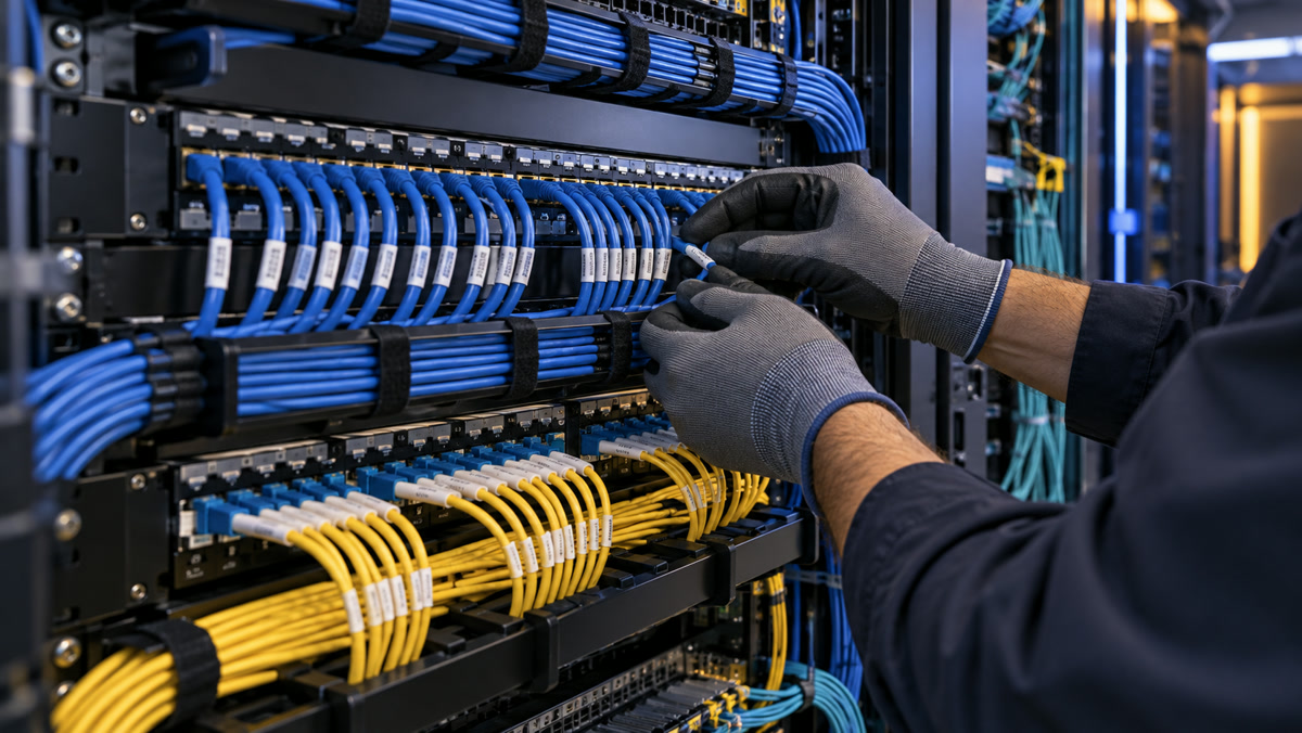 Technician organizing structured cabling at a patch panel