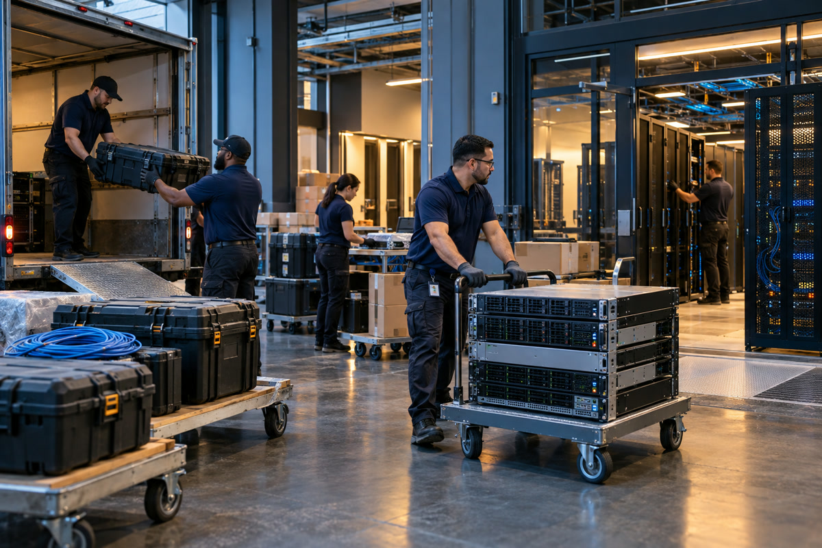 Technical team staging equipment for an IT migration