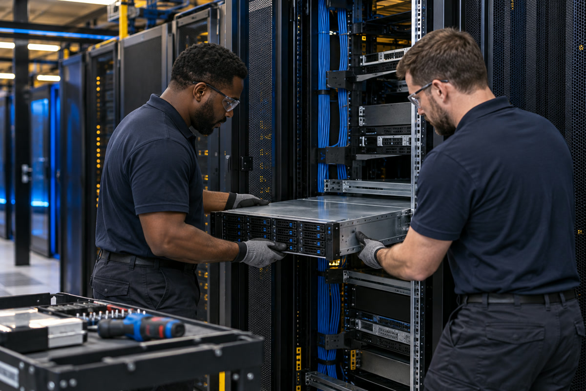 Technicians mounting an enterprise server in a rack