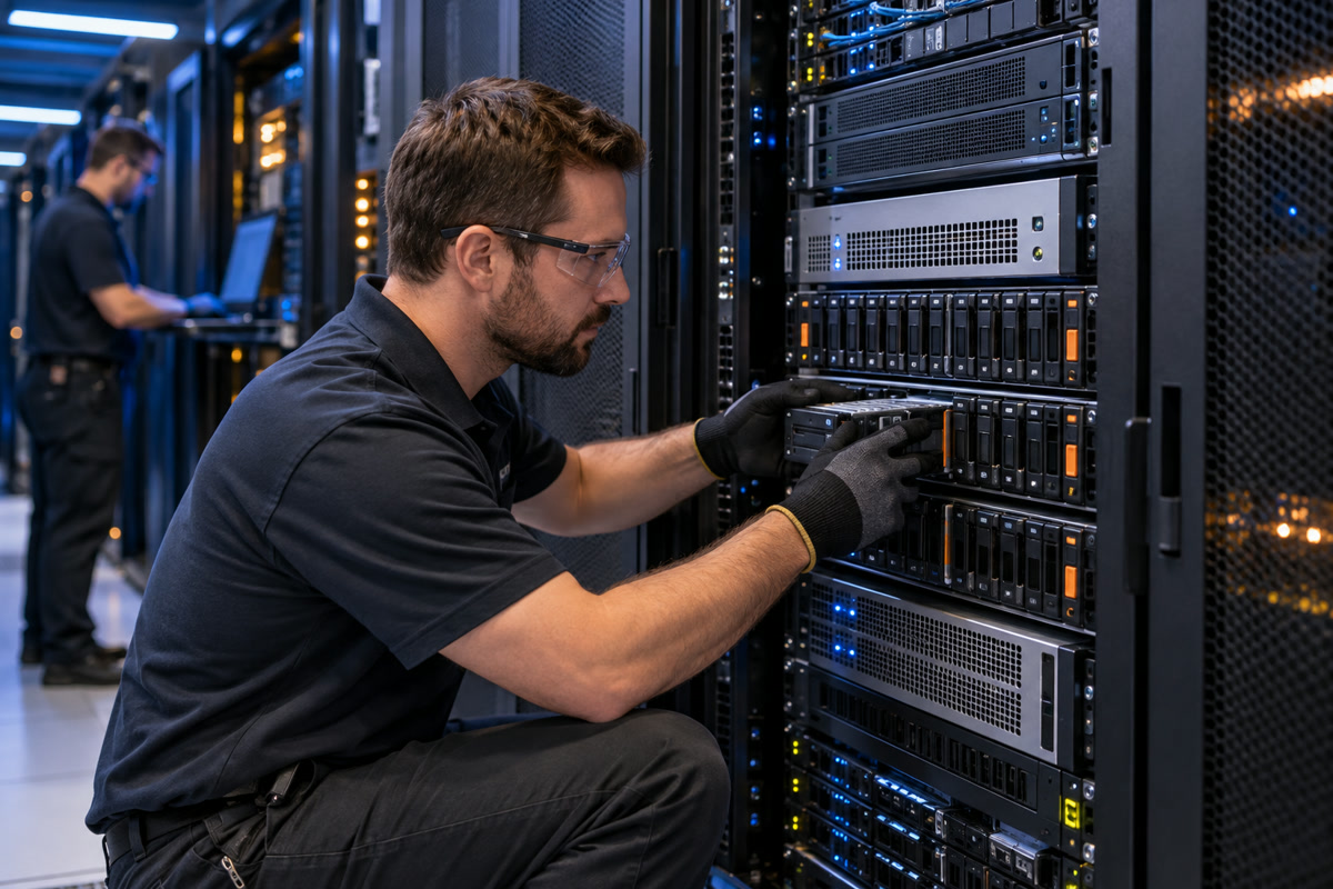 Technician installing enterprise storage hardware