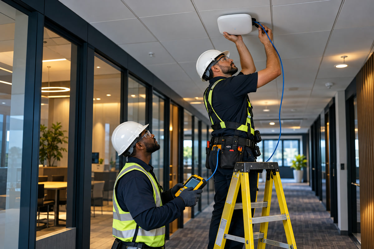 Technicians installing an enterprise wireless access point