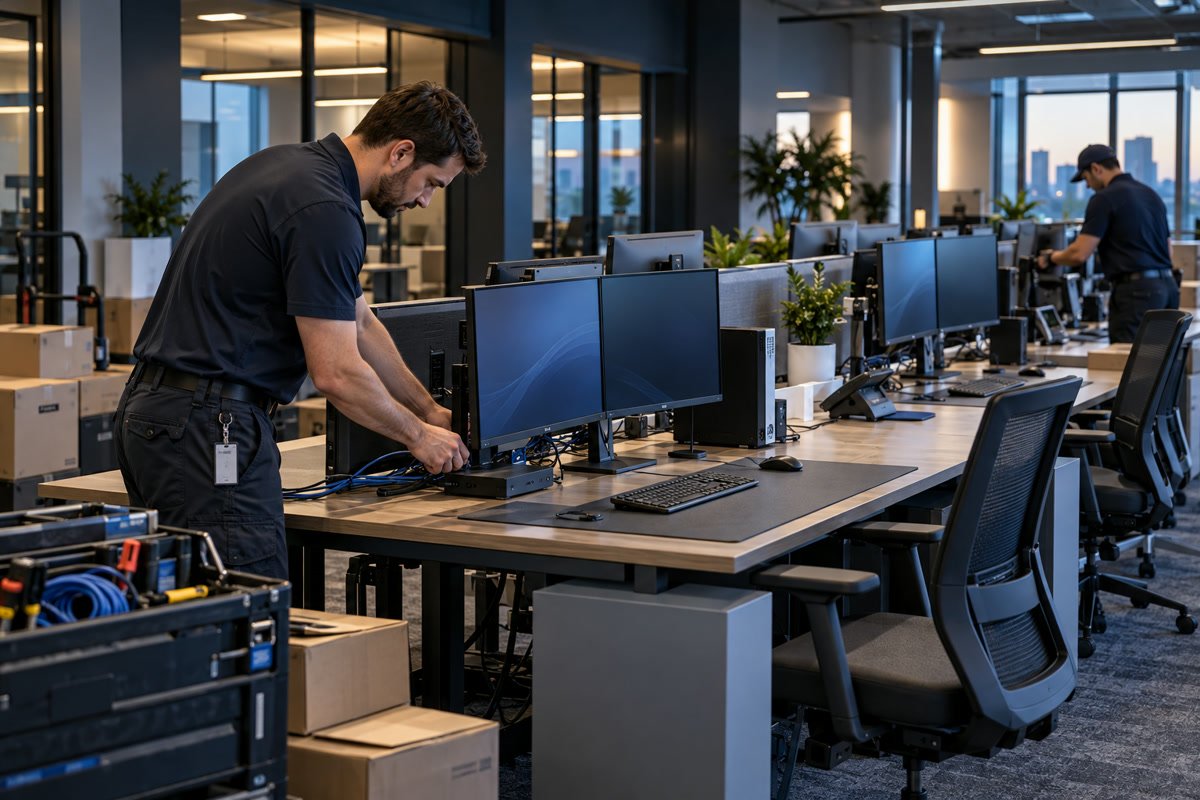 Technician deploying corporate computer workstations